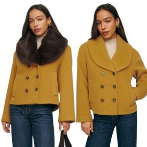 NEW Reformation Wool Blend Scarlet Jacket with Removable Faux Fur Mostarda XS